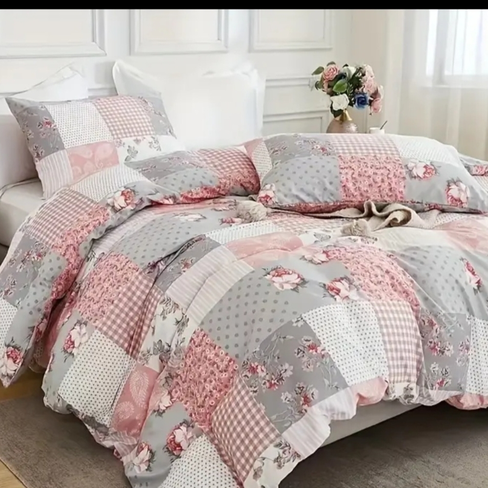 Patchwork Floral Duvet Set - Pink and Gray - Picture 2 of 8